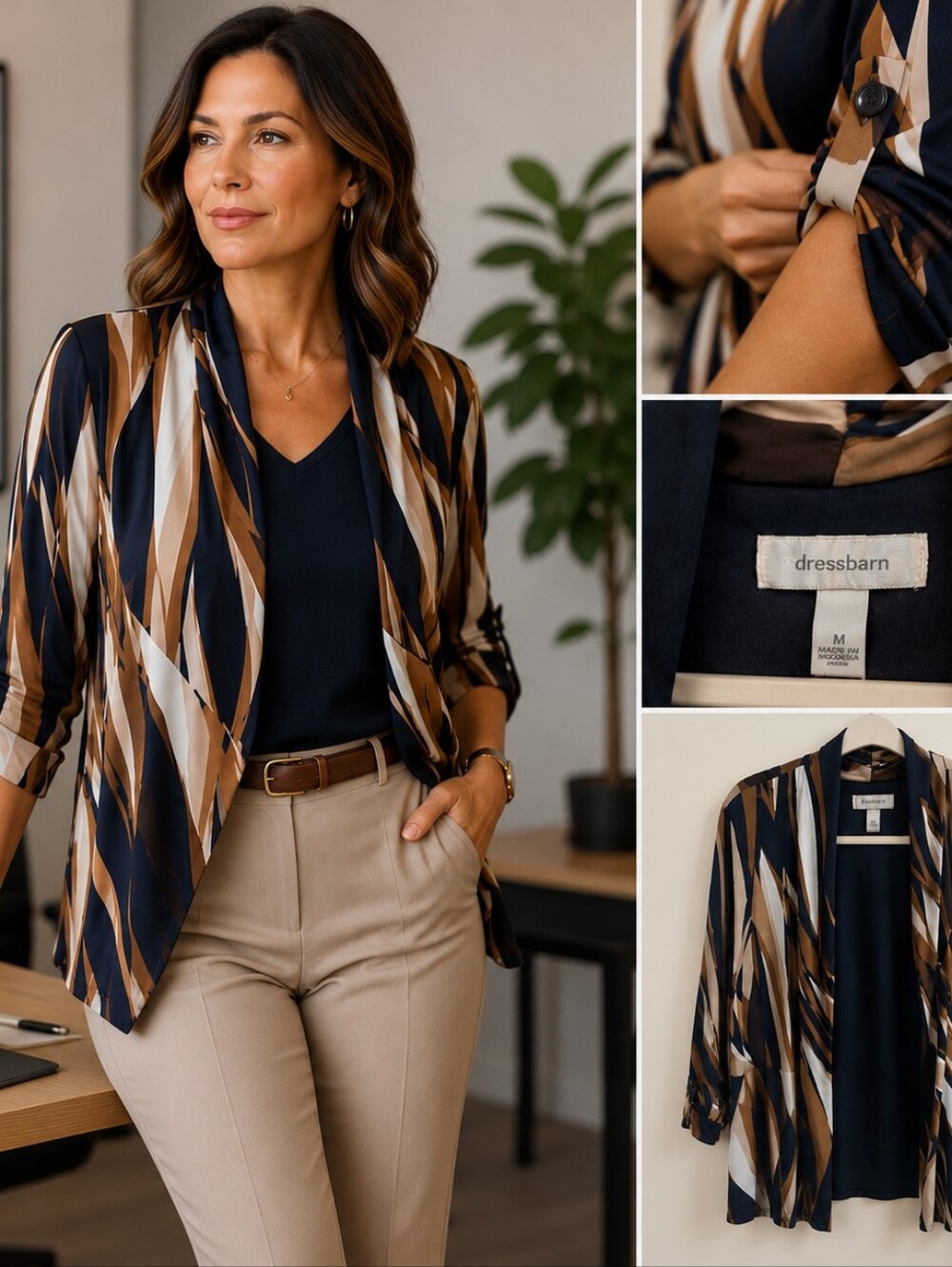 Dress Barn Open Front Abstract Jacket Blutton Wrist Size M